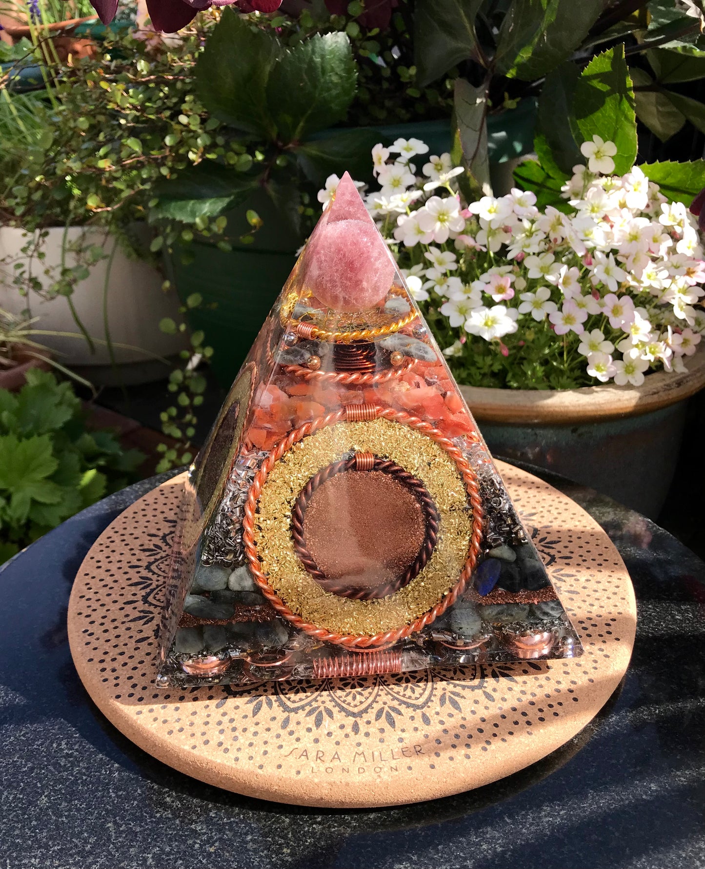 Transparent Strawberry Quartz sphere and Red Carnelian XLarge Orgone Pyramid