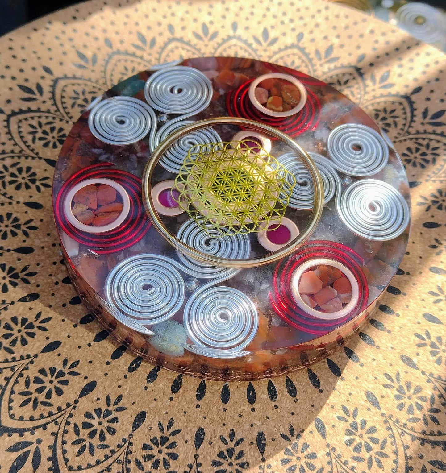 Golden Flower of Life and Red Carnelian Orgone coaster