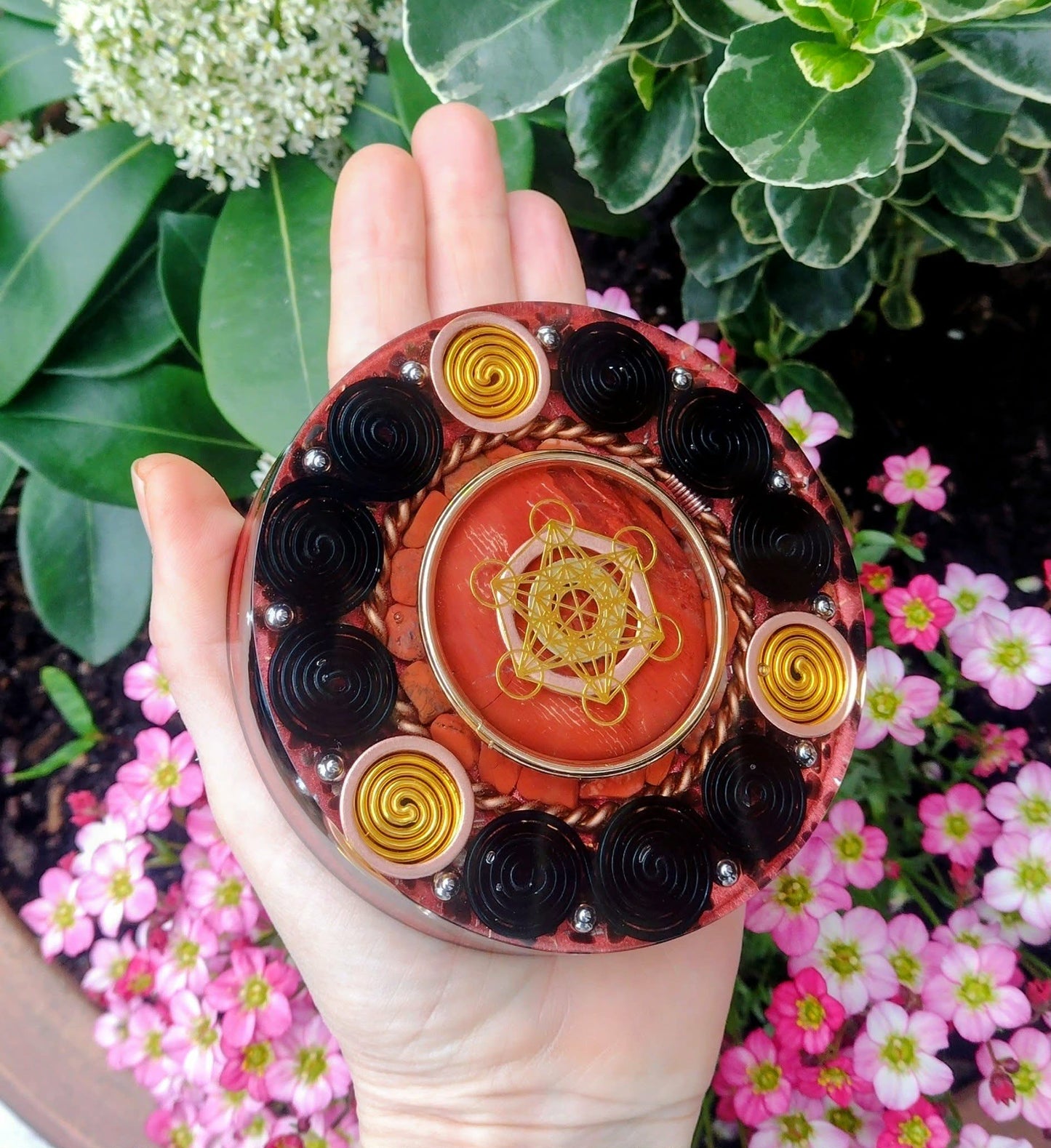 Gold and red Metatron Orgone coaster