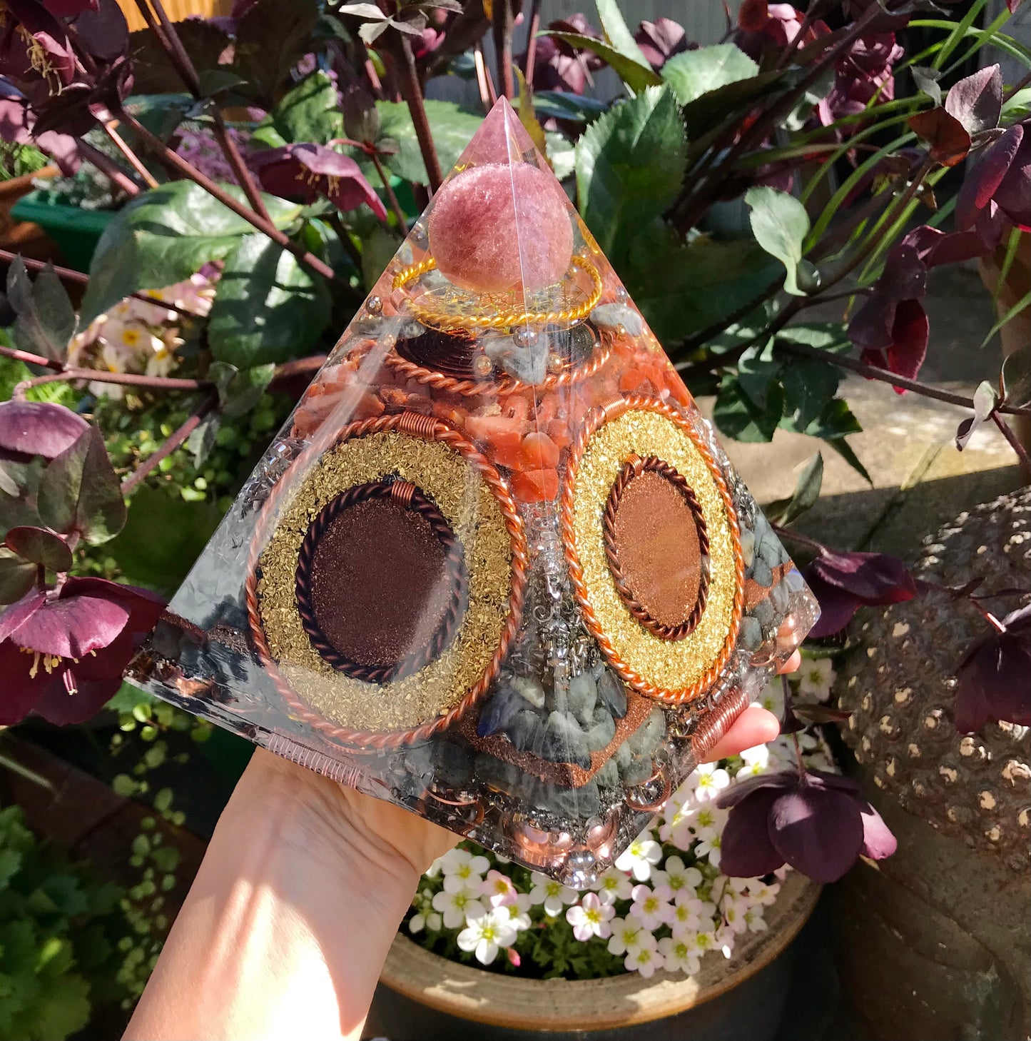 Transparent Strawberry Quartz sphere and Red Carnelian XLarge Orgone Pyramid