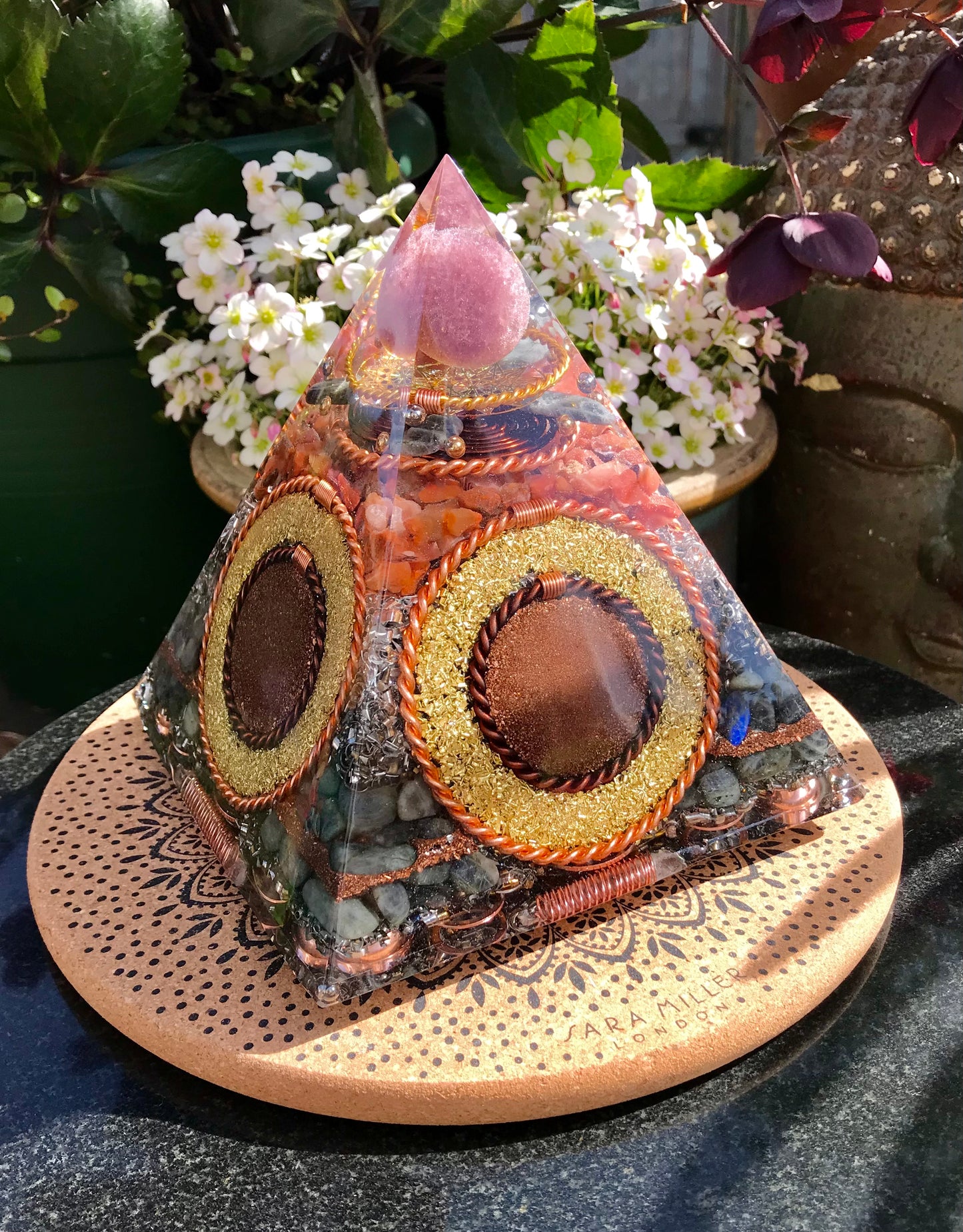 Transparent Strawberry Quartz sphere and Red Carnelian XLarge Orgone Pyramid