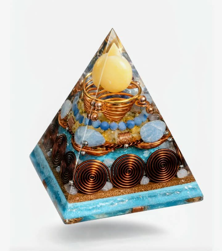 Yellow Quartzite Jade sphere and Aquamarine crystal XLarge Orgone Pyramid
