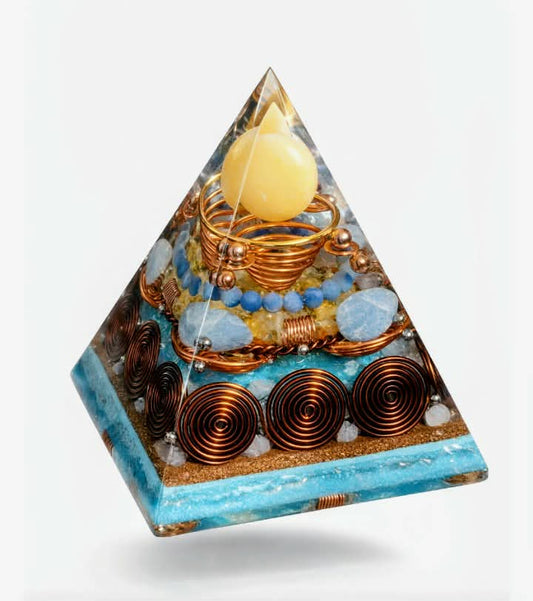 Yellow Quartzite Jade sphere and Aquamarine crystal XLarge Orgone Pyramid