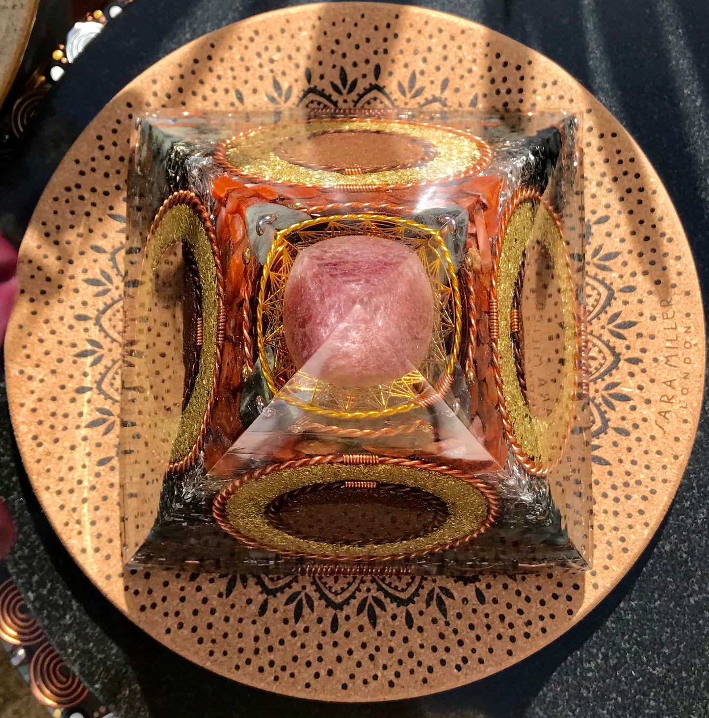 Transparent Strawberry Quartz sphere and Red Carnelian XLarge Orgone Pyramid