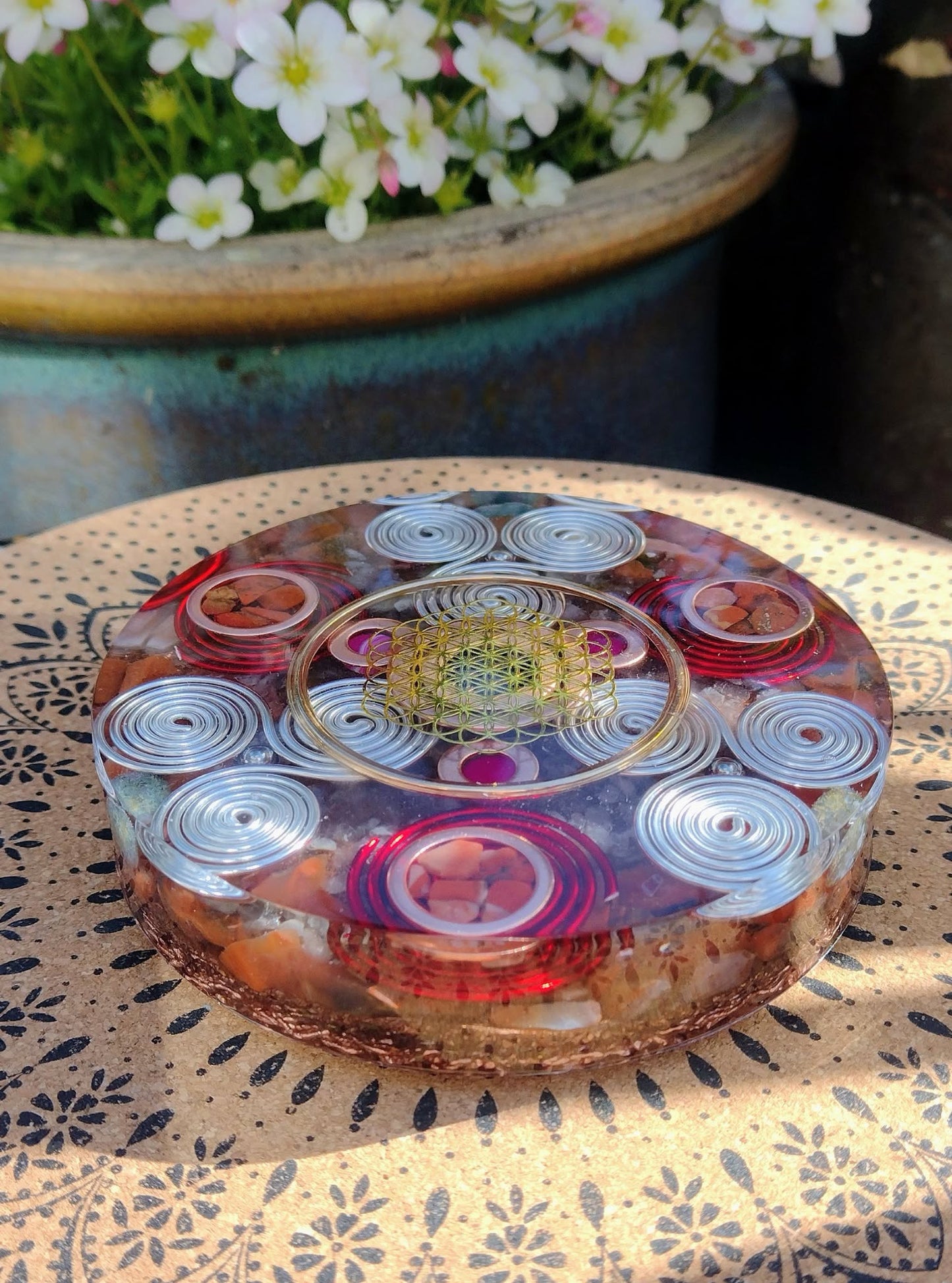 Golden Flower of Life and Red Carnelian Orgone coaster