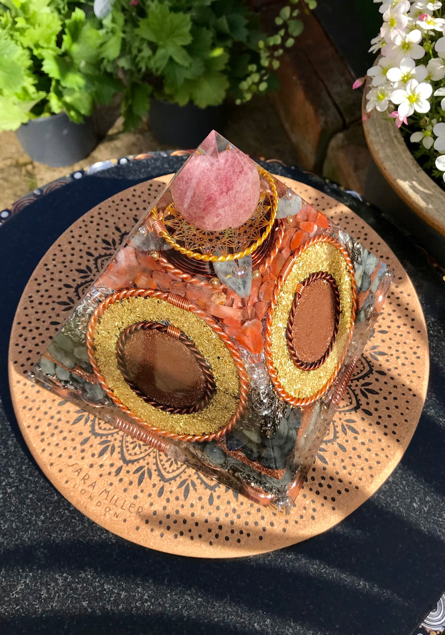 Transparent Strawberry Quartz sphere and Red Carnelian XLarge Orgone Pyramid