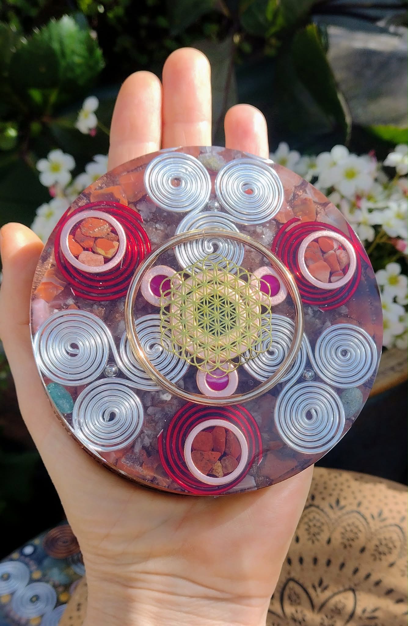 Golden Flower of Life and Red Carnelian Orgone coaster