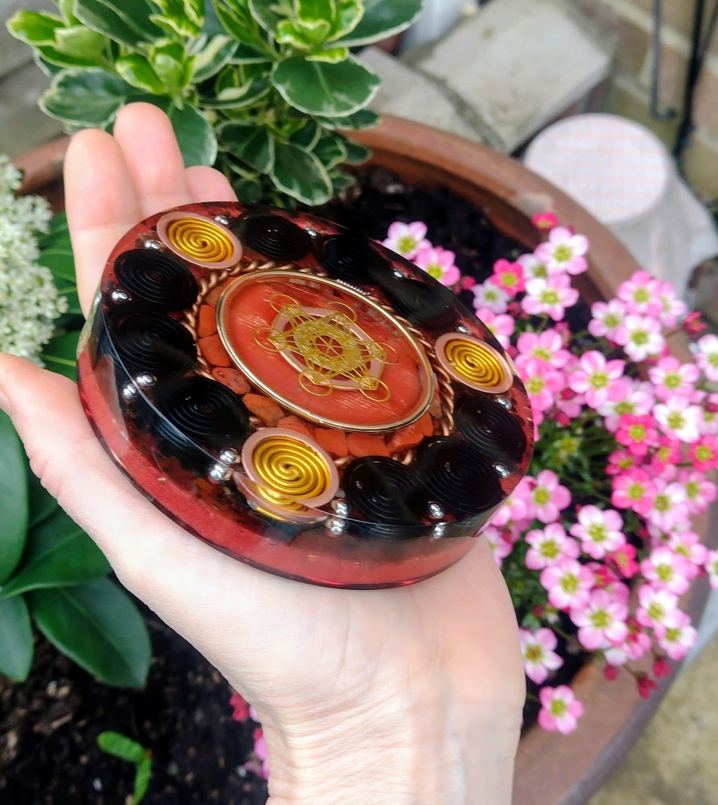 Gold and red Metatron Orgone coaster