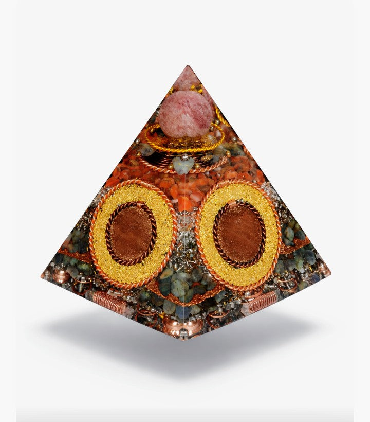 Transparent Strawberry Quartz sphere and Red Carnelian XLarge Orgone Pyramid